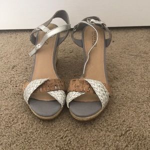 Silver and tan Sperry Saylor wedges